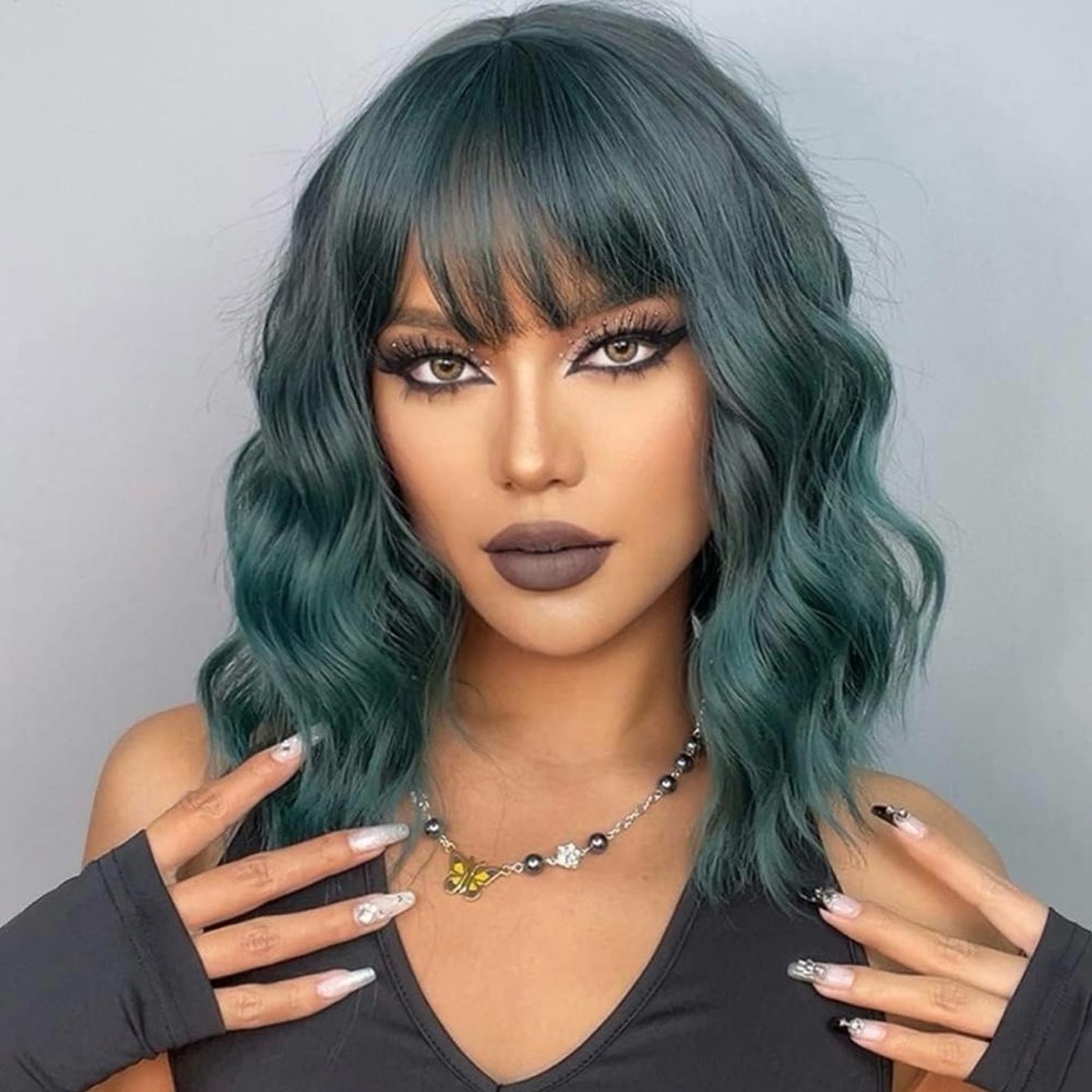 HAIPIS Short Dark Mixed Green Curly Bob Synthetic Wig With Bangs☘️🌈🧑🎤 - Picture 7 of 8